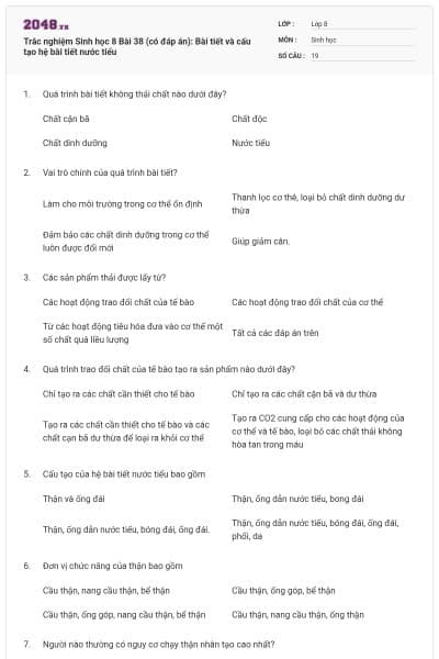 Trắc nghiệm Sinh học 8 Bài 38 (có đáp án): Bài tiết và cấu tạo hệ bài tiết nước tiểu