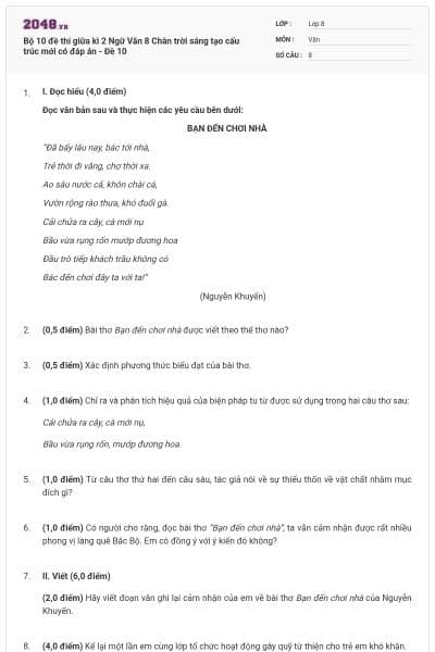 Bộ 10 đề thi giữa kì 2 Ngữ Văn 8 Chân trời sáng tạo cấu trúc mới có đáp án - Đề 10