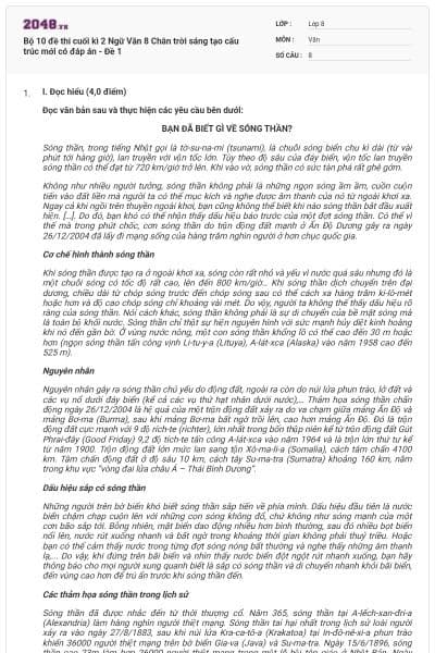 Bộ 10 đề thi cuối kì 2 Ngữ Văn 8 Chân trời sáng tạo cấu trúc mới có đáp án - Đề 1