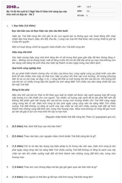 Bộ 10 đề thi cuối kì 2 Ngữ Văn 8 Chân trời sáng tạo cấu trúc mới có đáp án - Đề 2