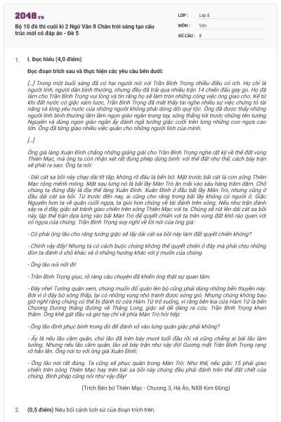 Bộ 10 đề thi cuối kì 2 Ngữ Văn 8 Chân trời sáng tạo cấu trúc mới có đáp án - Đề 5