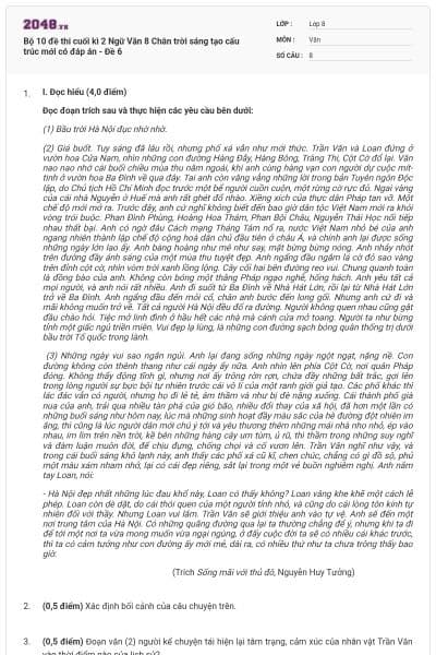 Bộ 10 đề thi cuối kì 2 Ngữ Văn 8 Chân trời sáng tạo cấu trúc mới có đáp án - Đề 6