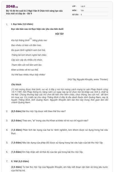 Bộ 10 đề thi cuối kì 2 Ngữ Văn 8 Chân trời sáng tạo cấu trúc mới có đáp án - Đề 9
