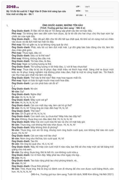 Bộ 10 đề thi cuối kì 1 Ngữ Văn 8 Chân trời sáng tạo cấu trúc mới có đáp án - Đề 1