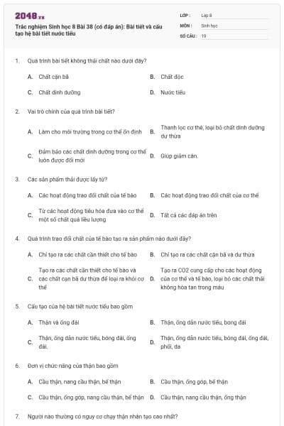 Trắc nghiệm Sinh học 8 Bài 38 (có đáp án): Bài tiết và cấu tạo hệ bài tiết nước tiểu