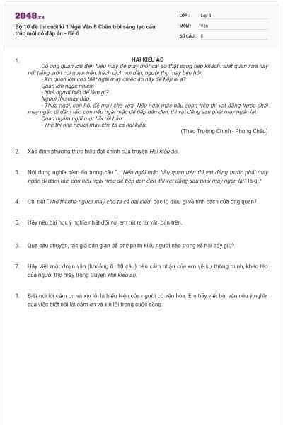 Bộ 10 đề thi cuối kì 1 Ngữ Văn 8 Chân trời sáng tạo cấu trúc mới có đáp án - Đề 6