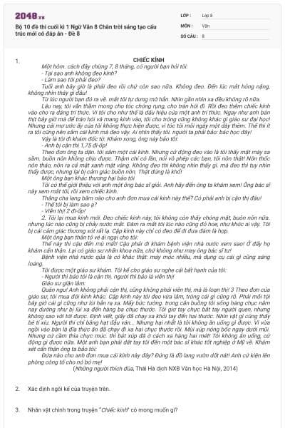 Bộ 10 đề thi cuối kì 1 Ngữ Văn 8 Chân trời sáng tạo cấu trúc mới có đáp án - Đề 8