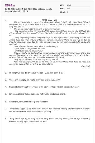 Bộ 10 đề thi cuối kì 1 Ngữ Văn 8 Chân trời sáng tạo cấu trúc mới có đáp án - Đề 10