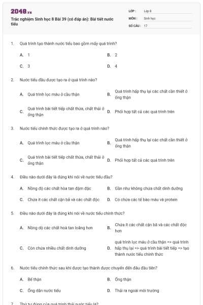 Trắc nghiệm Sinh học 8 Bài 39 (có đáp án): Bài tiết nước tiểu