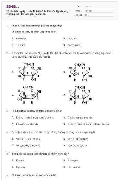 28 câu trắc nghiệm Hóa 12 Kết nối tri thức Ôn tập chương 2 (Đúng sai - Trả lời ngắn) có đáp án