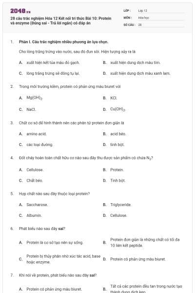 28 câu trắc nghiệm Hóa 12 Kết nối tri thức Bài 10: Protein và enzyme (Đúng sai - Trả lời ngắn) có đáp án