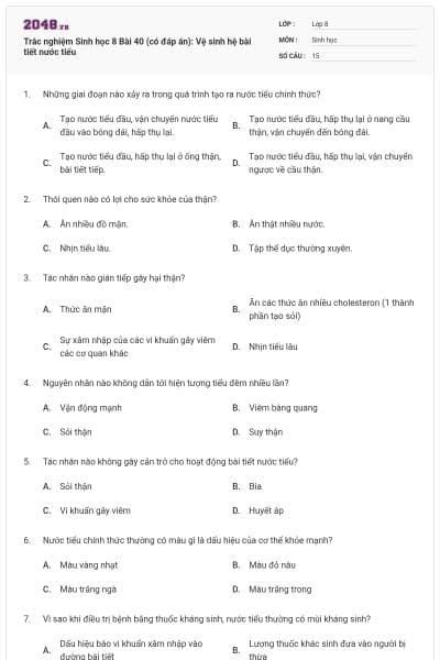 Trắc nghiệm Sinh học 8 Bài 40 (có đáp án): Vệ sinh hệ bài tiết nước tiểu