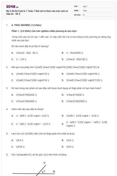 Bộ 5 đề thi Cuối kì 1 Toán 7 Kết nối tri thức cấu trúc mới có đáp án - Đề 2