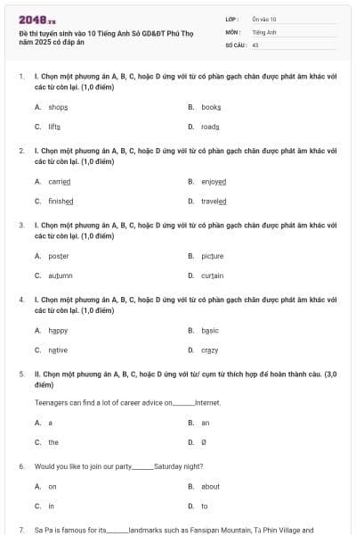 Đề thi tuyển sinh vào 10 Tiếng Anh Sở GD&ĐT Phú Thọ năm 2025 có đáp án