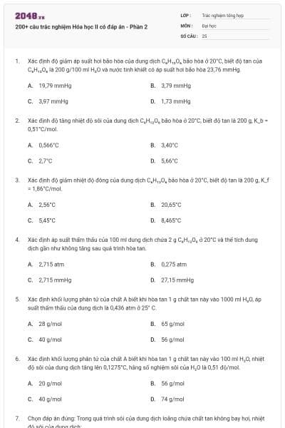 200+ câu trắc nghiệm Hóa học II có đáp án - Phần 2