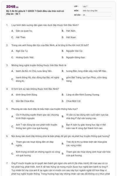 Bộ 2 đề thi giữa kì 1 GDCD 7 Cánh diều cấu trúc mới có đáp án - Đề 1