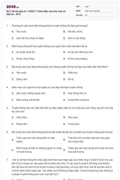Bộ 2 đề thi giữa kì 1 GDCD 7 Cánh diều cấu trúc mới có đáp án - Đề 2