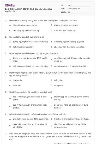 Bộ 2 đề thi cuối kì 1 GDCD 7 Cánh diều cấu trúc mới có đáp án - Đề 1