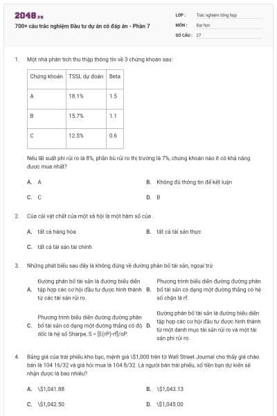 700+ câu trắc nghiệm Đầu tư dự án có đáp án - Phần 7
