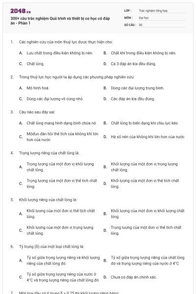 300+ câu trắc nghiệm Quá trình và thiết bị cơ học có đáp án - Phần 1