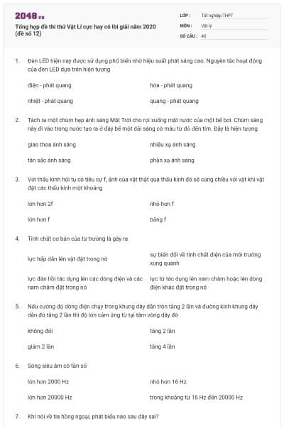 Tổng hợp đề thi thử Vật Lí cực hay có lời giải năm 2020 (đề số 12)