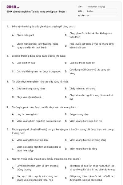 600+ câu trắc nghiệm Tai mũi họng có đáp án - Phần 1