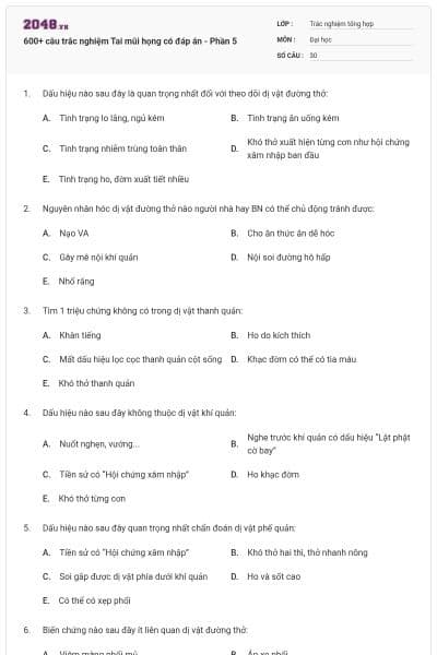 600+ câu trắc nghiệm Tai mũi họng có đáp án - Phần 5