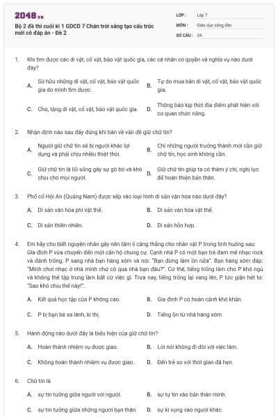 Bộ 2 đề thi cuối kì 1 GDCD 7 Chân trời sáng tạo cấu trúc mới có đáp án - Đề 2