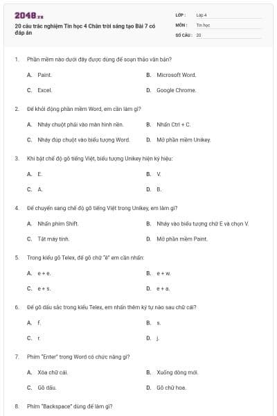 20 câu trắc nghiệm Tin học 4 Chân trời sáng tạo Bài 7 có đáp án