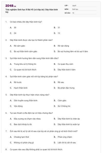 Trắc nghiệm Sinh học 8 Bài 45 (có đáp án): Dây thần kinh tủy