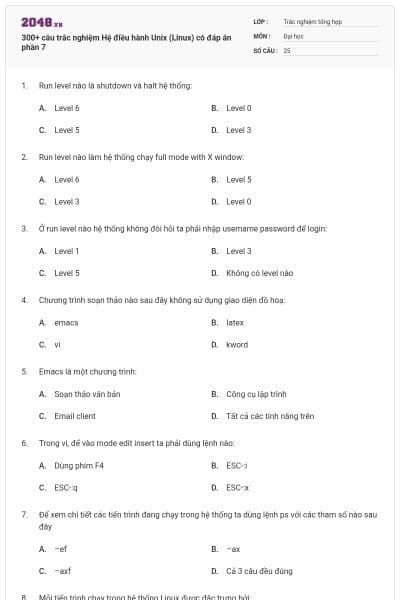 300+ câu trắc nghiệm Hệ điều hành Unix (Linux) có đáp án phần 7