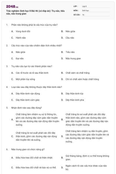 Trắc nghiệm Sinh học 8 Bài 46 (có đáp án): Trụ não, tiểu não, não trung gian