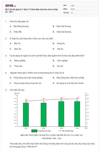 Bộ 2 đề thi giữa kì 1 Địa lí 7 Cánh diều cấu trúc mới có đáp án - Đề 1