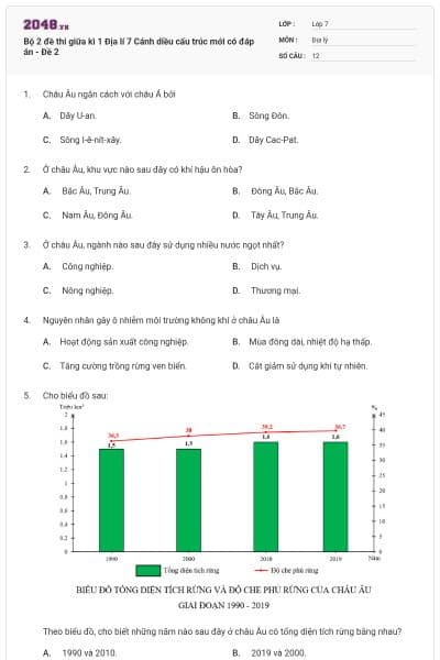 Bộ 2 đề thi giữa kì 1 Địa lí 7 Cánh diều cấu trúc mới có đáp án - Đề 2