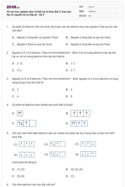 59 câu trắc nghiệm Hóa 10 Kết nối tri thức Bài 3: Cấu trúc lớp vỏ nguyên tử có đáp án - Đề 2
