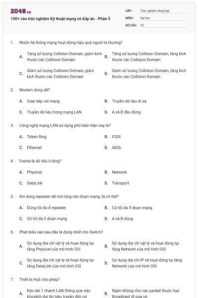 100+ câu trắc nghiệm Kỹ thuật mạng có đáp án - Phần 5