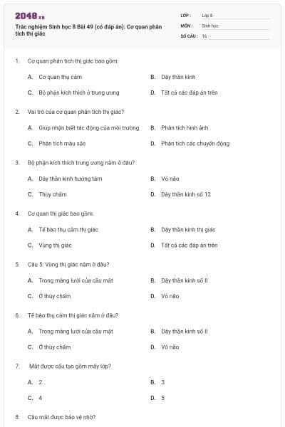 Trắc nghiệm Sinh học 8 Bài 49 (có đáp án): Cơ quan phân tích thị giác