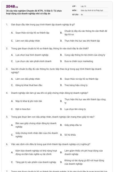 36 câu trắc nghiệm Chuyên đề KTPL 10 Bài 5: Tổ chức hoạt động của doanh nghiệp nhỏ có đáp án