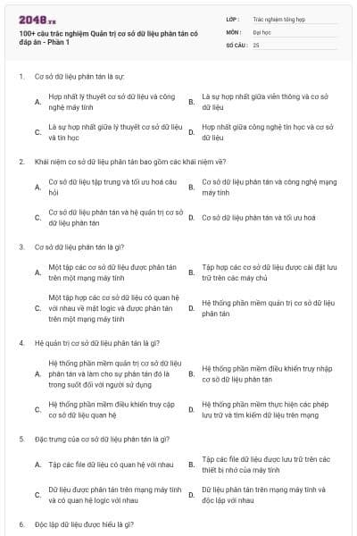 100+ câu trắc nghiệm Quản trị cơ sở dữ liệu phân tán có đáp án - Phần 1