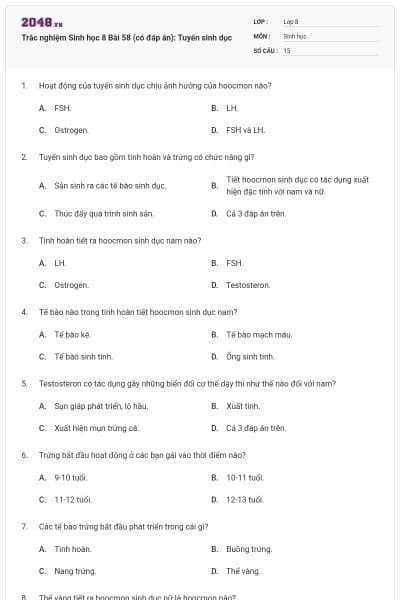 Trắc nghiệm Sinh học 8 Bài 58 (có đáp án): Tuyến sinh dục