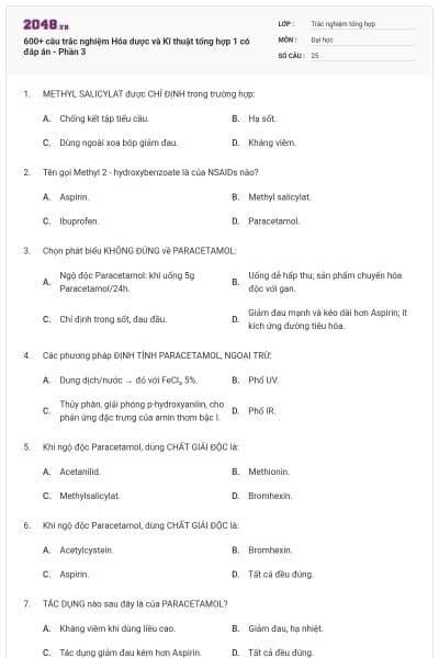600+ câu trắc nghiệm Hóa dược và Kĩ thuật tổng hợp 1 có đáp án - Phần 3