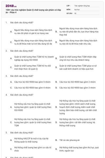100+ câu trắc nghiệm Quản lý chất lượng sản phẩm có đáp án - Phần 4