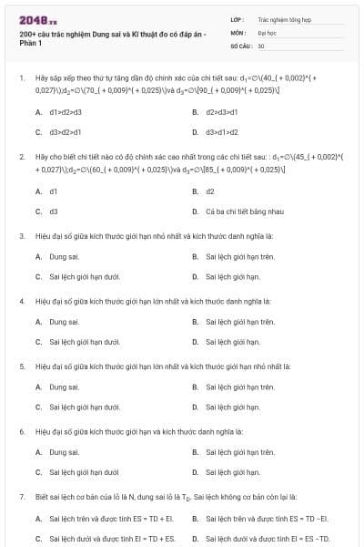 200+ câu trắc nghiệm Dung sai và Kĩ thuật đo có đáp án - Phần 1