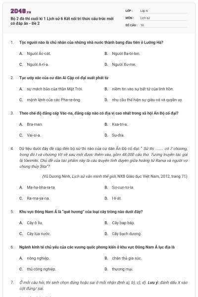 Bộ 2 đề thi cuối kì 1 Lịch sử 6 Kết nối tri thức cấu trúc mới có đáp án - Đề 2