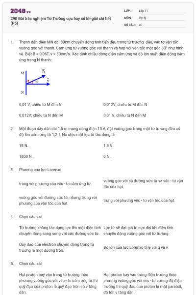290 Bài trắc nghiệm Từ Trường cực hay có lời giải chi tiết (P5)