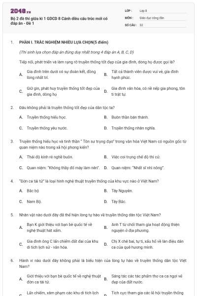 Bộ 2 đề thi giữa kì 1 GDCD 8 Cánh diều cấu trúc mới có đáp án - Đề 1