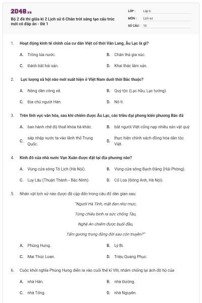 Bộ 2 đề thi giữa kì 2 Lịch sử 6 Chân trời sáng tạo cấu trúc mới có đáp án - Đề 1