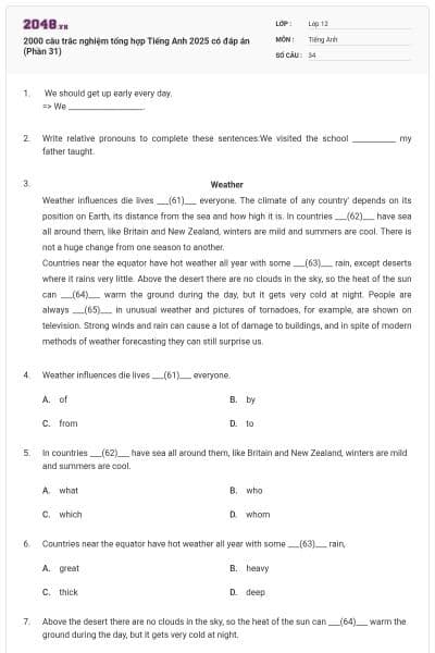 2000 câu trắc nghiệm tổng hợp Tiếng Anh 2025 có đáp án (Phần 31)