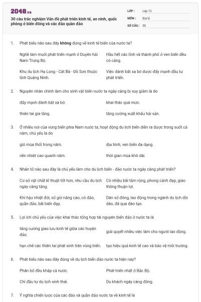 30 câu trắc nghiệm Vấn đề phát triển kinh tế, an ninh, quốc phòng ở biển đông và các đảo quần đảo