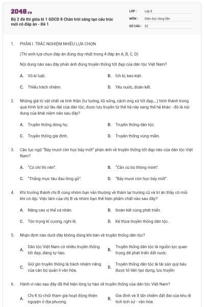 Bộ 2 đề thi giữa kì 1 GDCD 8 Chân trời sáng tạo cấu trúc mới có đáp án - Đề 1